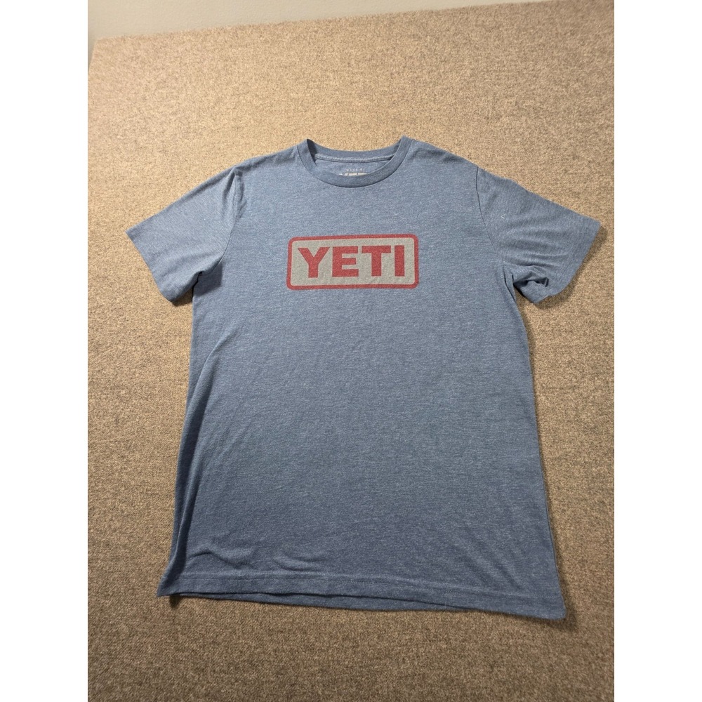 Yeti Coolers T-Shirt Mens Small Blue Heather Graphic Logo Outdoors Crew Neck Tee